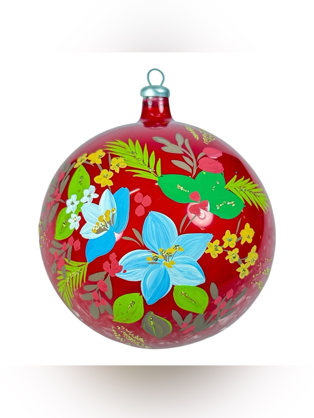 Vintage 3” Red Glass Floral Hand Painted Flowers Christmas Ornament Ball